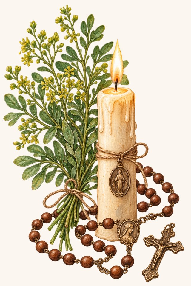 Ilustração de um ramo de arruda atado com cordel, uma vela de sete dias acesa com uma medalha e um terço de contas de madeira.
